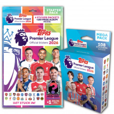 Стартовый набор + Мега пак наклеек Topps Premier League 2026 (альбом + 22 пакетика + стикер-карточка «Kick Off»)